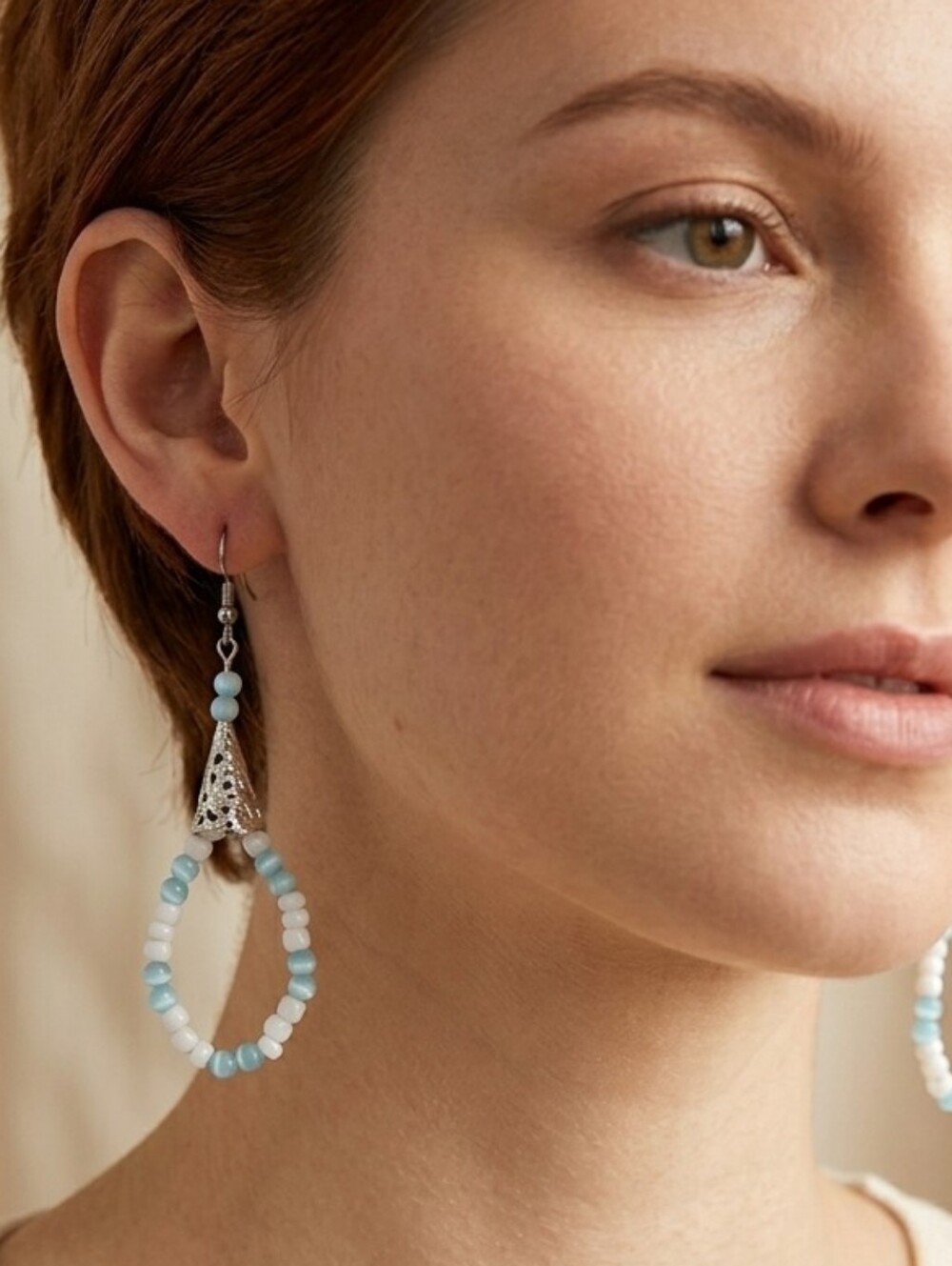 Handcrafted Blue And White Shell Seed Bead Drop Earrings